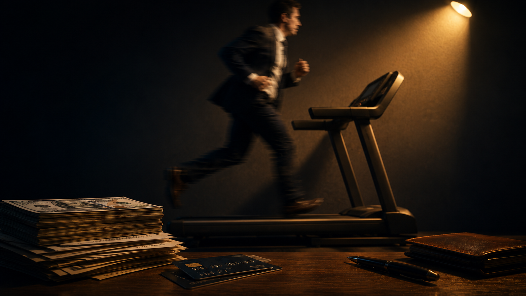 Person in business attire on a treadmill going nowhere